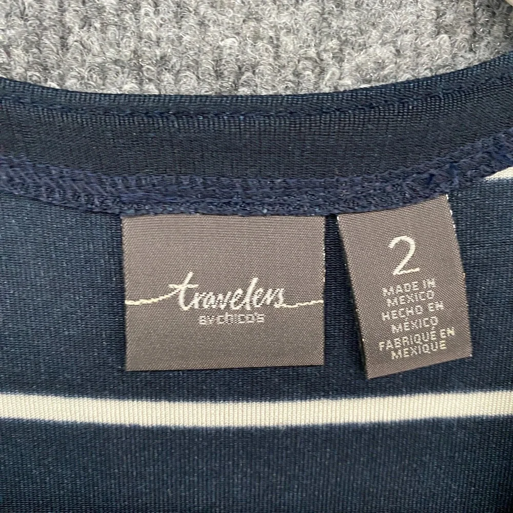 Chicos Travelers Cardigan 2 Womens L Blue Striped Slinky Duster Travel Preppy‎